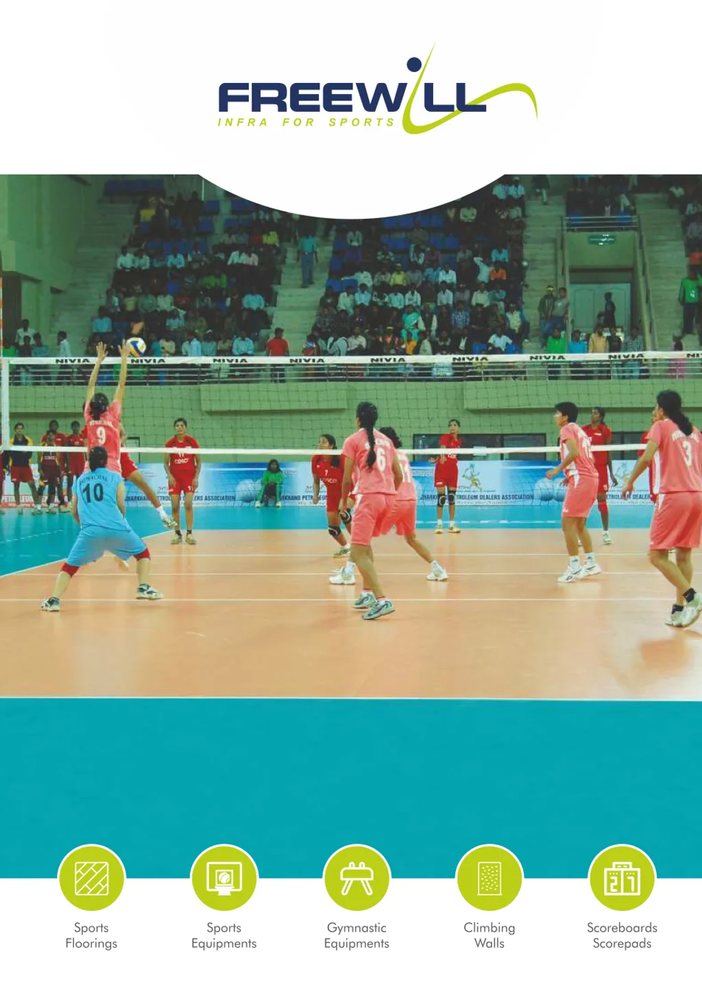 Freewill company catalogue cover — the Freewill "Infra for Sports" logo above a women's volleyball match on a wooden indoor court before a full stand, with icons for sports floorings, sports equipment, gymnastic equipment, climbing walls and scoreboards