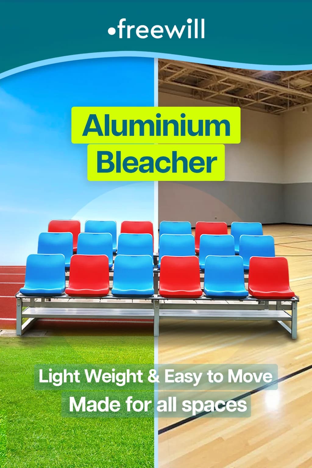 Aluminium Bleacher brochure cover — a wheeled three-row bleacher with red and blue moulded seats, on a pitch and on an indoor court